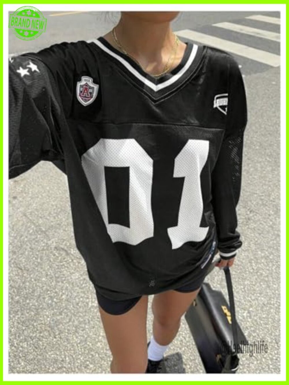 Oversized V-Neck Long Sleeve Graphic T-Shirt Loose Fit Jersey - Picture 6 of 6
